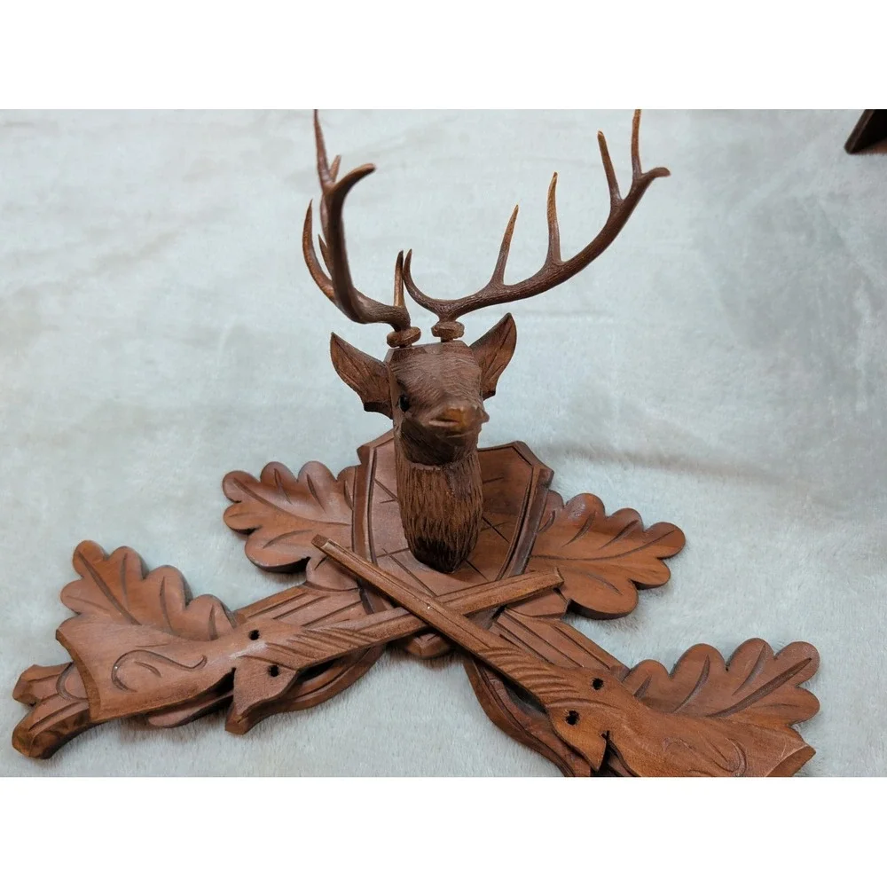 Vintage Cuendet Swiss Musical Cuckoo Clock Hand Carved Wood Stag Hunter Scene
